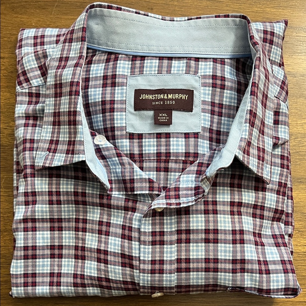 Johnston & Murphy Cotton Red Blue Plaid Western Button Down Shirt Mens Size XXL